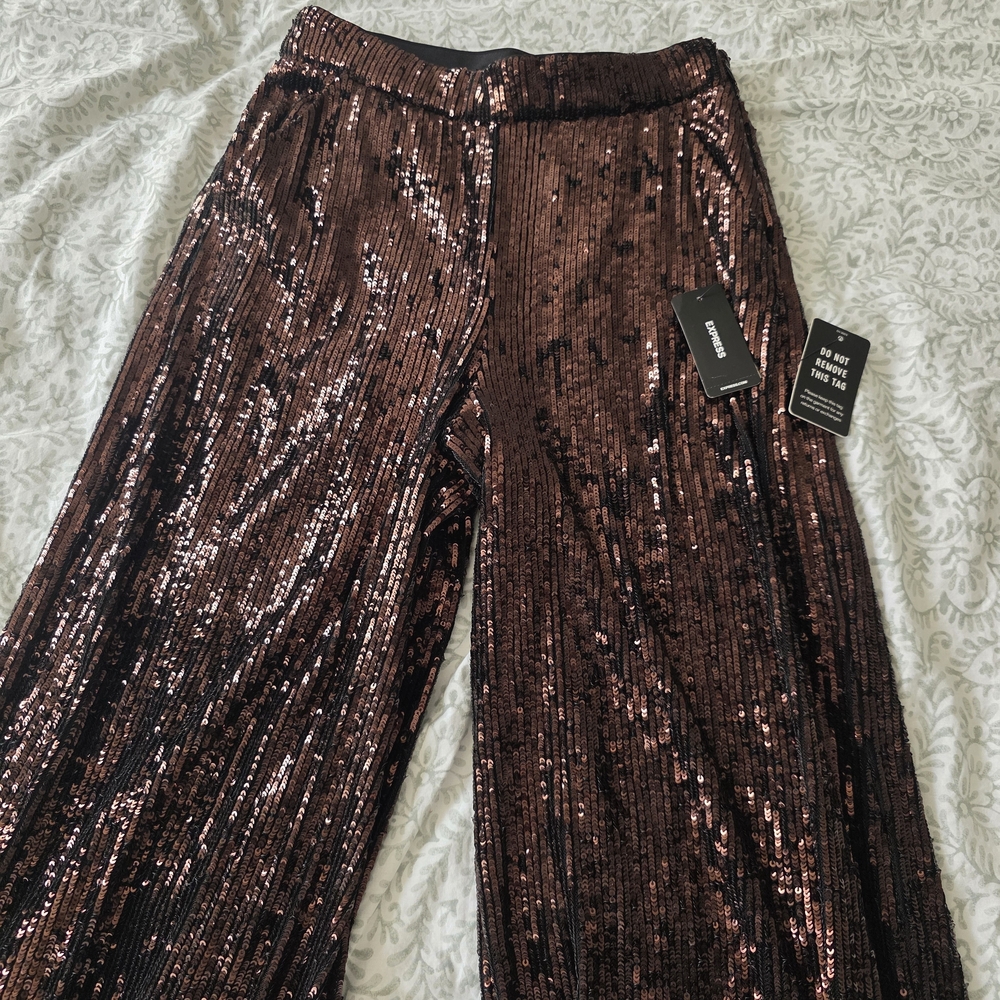 Express Sequin Wide-Leg Pants in Shimmering Brown